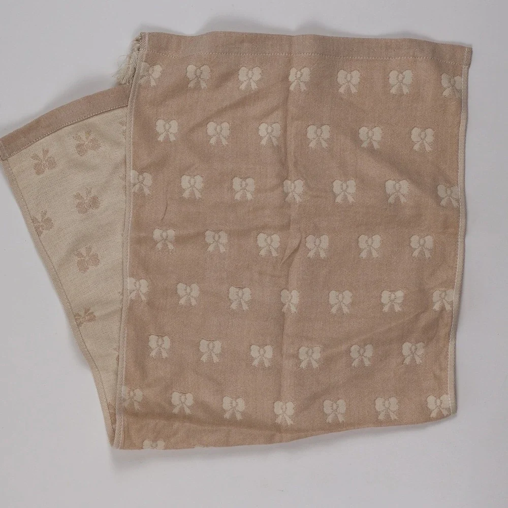 Liaosijin Scarf Bow Jacquard Tassel Tan Cream Linen Blend NWT